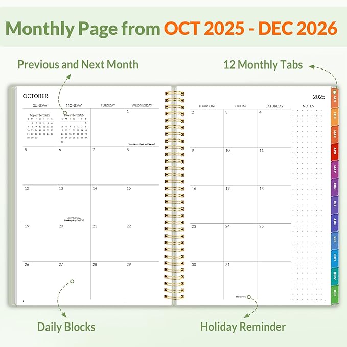 SUNEE 2026 Weekly and Monthly Planner - January 2026-December 2026, 8.5"x11" Half Weekly Half Note, Daily Agenda Planner with PVC Waterproof Cover, Monthly Tab, Note, Pockets, Bookmark, Green