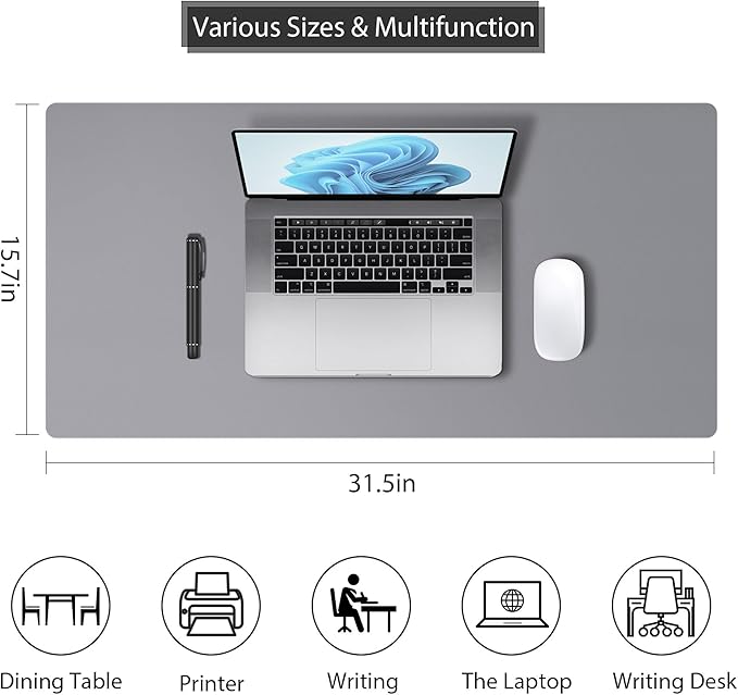 Leather Desk Pad Protector, Mouse Pad, Non-Slip Computer Mat for Desk, PU Leather Office Desk Mat for Home & Office, Waterproof Laptop Desk Blotter for Keyboard and Mouse, Grey (15.7''X31.5'')