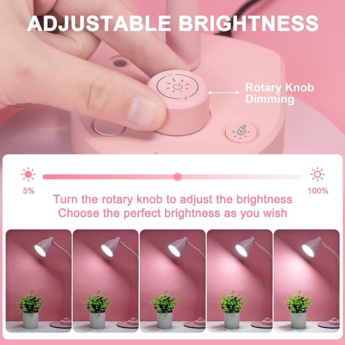 BOHON Cute Desk Lamp with USB Charging Port, Pink Lamp 3 Color Modes Dimmable LED Reading Lamp, Flexible Gooseneck Auto Dimming Table Task Light for Home Office Dorm Bedside, Pink