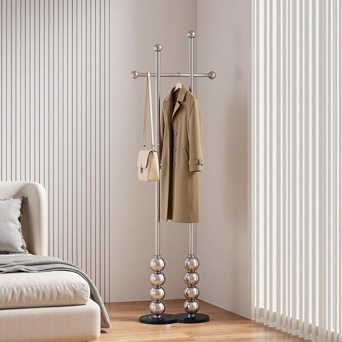 Metal Freestanding Coat Rack with Stainless Steel Double Rods & Marble Base, Hanging Clothes Rack for Entryway, Hallway, Bedroom, Living Room, Sliver