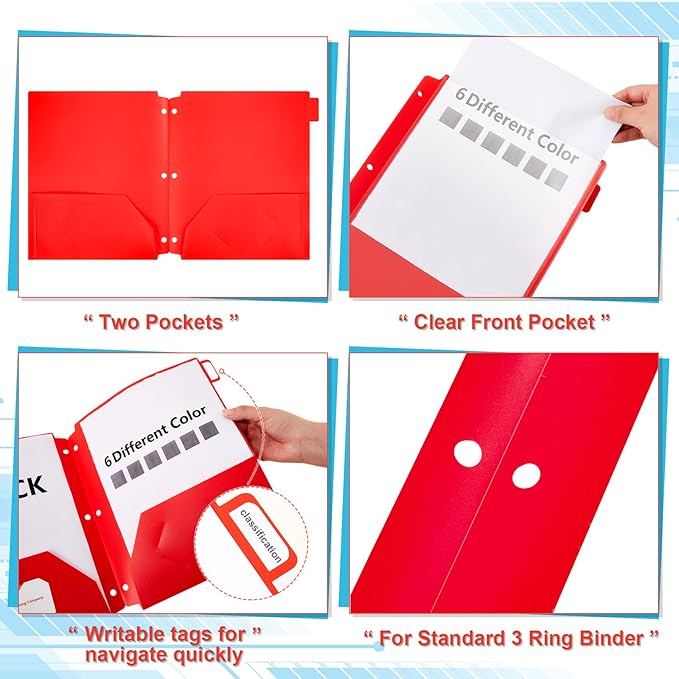 Honoson 60 Pcs Plastic Folders with Clear Front Pocket 3 Hole Punched Folders for 3 Ring Binder 1/6 Cut Tabs for Office Classroom (Bright Colors)