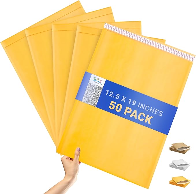 ABC PACK & SUPPLY Yellow Kraft Bubble Mailer Envelopes, 12.5 x 19 Inches. 50 Pack Mail Padded Envelopes Self Seal. Kraft Bubble Mailers. Tear-Resistant Mailing Envelope Padded. Sturdy Paper Mailer