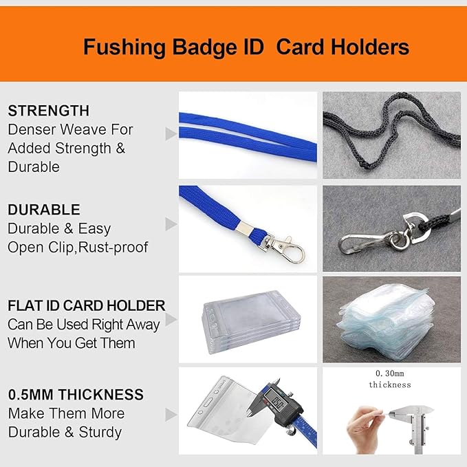 Fushing 50pcs Clear Plastic Vertical Name Tags Badge ID Card Holders and Blue Neck Lanyards with Swivel Hook for School, Festival, Event (S)