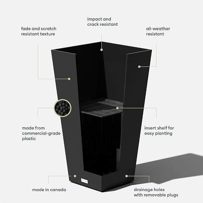 Veradek V-Resin Indoor/Outdoor Taper Planter (Black, 30 inch - 2 Pack with 2 Saucer Trays)