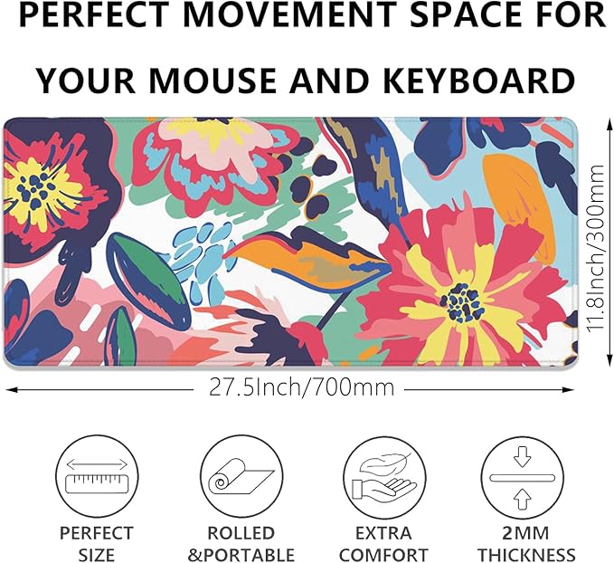 Abstract Floral Leaves Mouse Pad Desk Mat,Boho Art Extended Gaming Mouse Pad with Stitched Edges,Non-Slip Waterproof Rubber Base for Office,Computer,Keyboard,Laptop and Home Desk Pad(27.5X11.8 in)