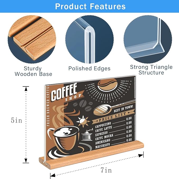 Kersally Acrylic Sign Holder 7 x 5'', 4 Pack Double-Sided Clear Table Display Stands with Wood Base,Horizontal Acrylic Frame Menu Flyer Paper Holder for Store, Restaurant, Hotel, Office, Show Fair