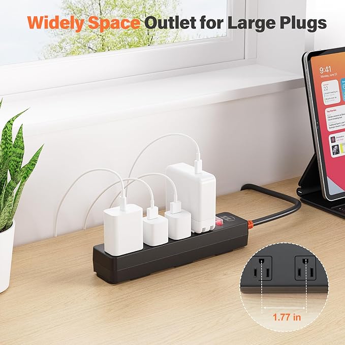 Power Strip Weatherproof, Surge Protector with 4 Wide Outlets, 1875W/15A Overload Protection Switch, 6FT Flat Plug Multi-Plug Outdoor Extension Cord for Indoor Outdoor, UL FCC Listed