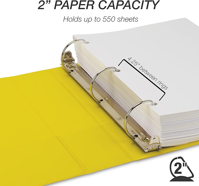 Samsill Durable 2 inch 3 Ring Binder, Made in USA, D Ring Binder, FSC 100% Recycled Chipboard, Yellow, 4 Pack