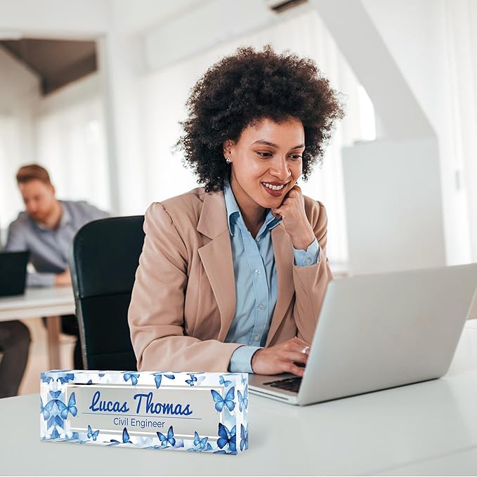 Custom Name Plate for Desk, Personalized Acrylic Office Name Sign with Name & Title, Elegant Desk Decor for Women Men, Employee Appreciation Gift (Blue Butterfly)