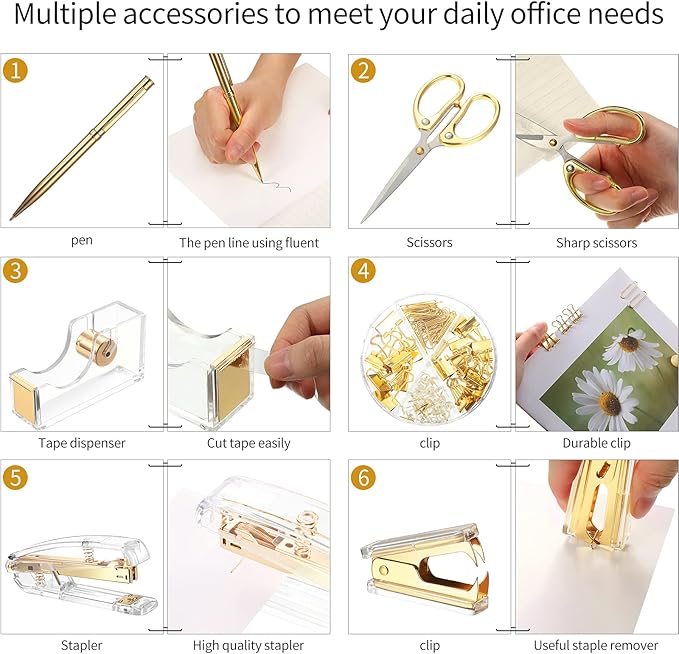 Office Supplies Set Desk Accessory Kit, Acrylic Stapler Set Staple Remover, Tape Dispenser, Binder Clips, Paper Clips, Ballpoint Pen and Scissor with 1000 Pieces 26/6 Staples (Gold)