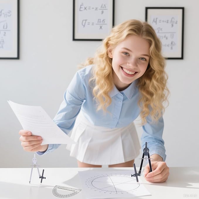 Professional Compass for Geometry Set, Metal Compass with Wheel and Lock for Geometry, Drawing Compass Tool, Circle Drafting Tool, and 6 Inch Math Protractors 180 Degree (Silver)