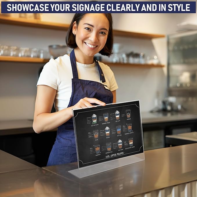 Slant Back Acrylic Sign Holder 11 x 8.5 Inches, 3-Pack Landscape Ad Frame, Flyer Display Stand. Menu and Table Sign Holder for Home, Office, Store, or Restaurant. Acrylic Stands for Paper and Signage