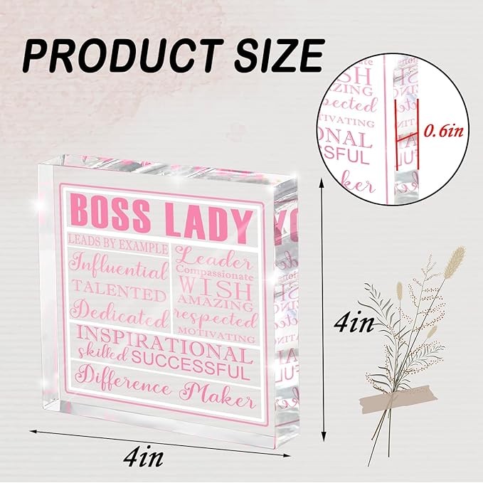 Boss Lady Gift For Women, Pink Acrylic Decorative Plaque Sign, Inspirational Quotes Office Gift For Leaders, Pink Acrylic Boss Lady Office Decoration, Birthday Thank You Souvenir 4x4 inches