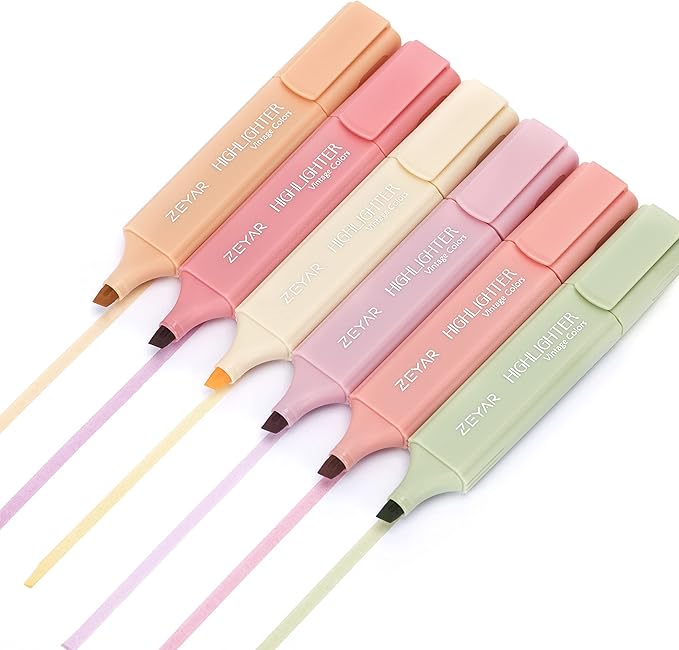 ZEYAR Highlighter Pen, vintage colors- Romantic Chisel Tip, Water Based, Quick Dry, No Bleed, for Bible Study Notes School Office (6 Romance colors)