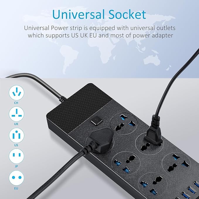 European Power Strip, Jumpso Universal Power Strip with 6 AC Outlets and 4 USB Ports, 110-240v, 3000w 6ft Extension Cord with EU Plug, Outlet Extender Plug Adapter for Overseas Travel Essentials