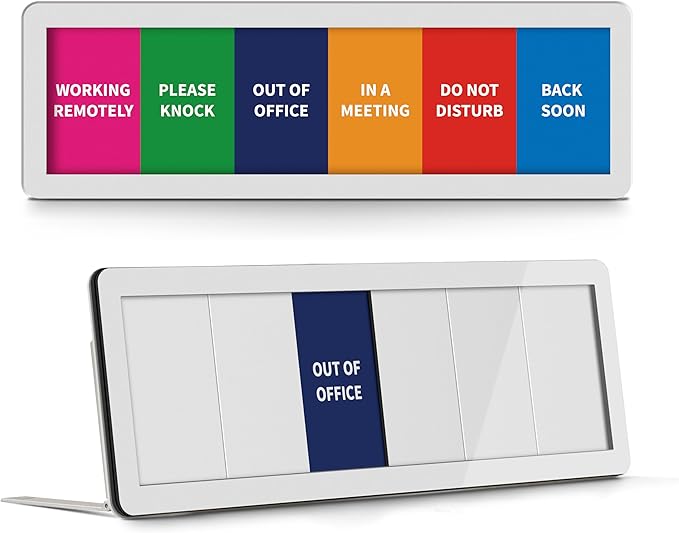 Office Door Sign With Adjustable Stand, 6 Options Privacy Slider Do Not Disturb, Please Knock, In A Meeting, Out Of Office, Working Remotely, Back Soon, Silver 10x3.15 Inch With 3 Stickers