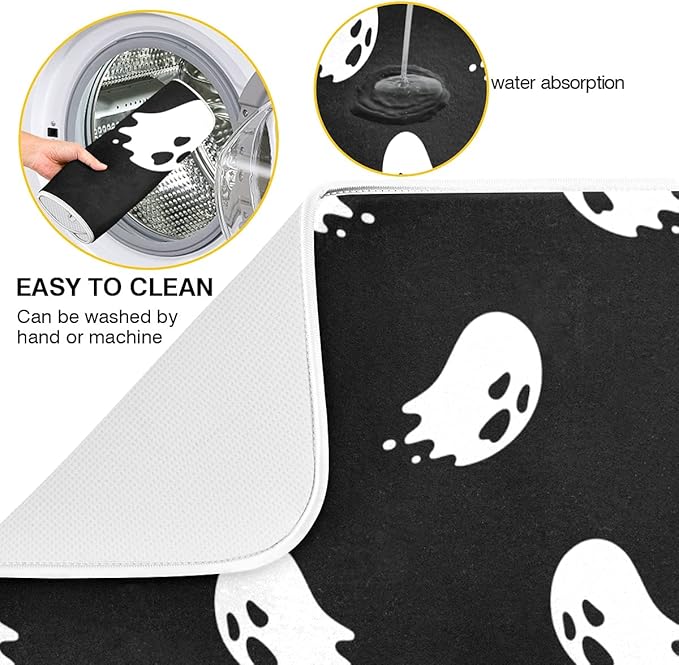 Halloween Spooky Ghost Dish Drying Mat for Kitchen Counter 16 x 18 Inch Absorbent Microfiber Dry Dishes Mats Drainer Mat Dish Drying Pad for Countertops Decor