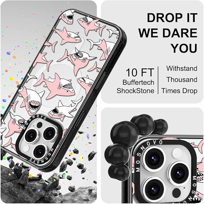 MOSNOVO Magnetic Case for iPhone 16 Pro, 10ft Military-Grade Protection, Compatible with Magsafe, Shockproof Phone Case for iPhone 16 Pro - Pink Sharks - Clear Black