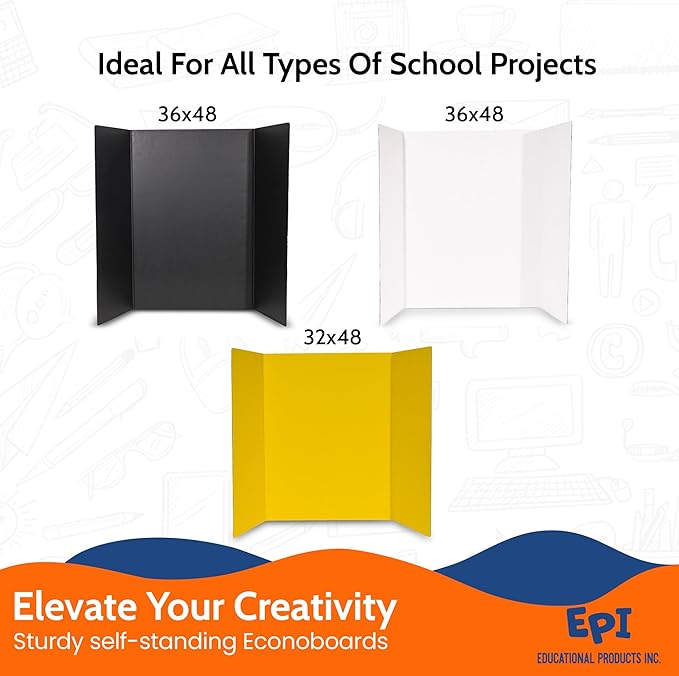 EPI Tri Fold Cardboard Display Board. Large 36 x 48in Black Tri-fold Poster 24 Pack. Professional Presentation Boards with Rounded Corners for Science Fair Project, School and Business Presentations