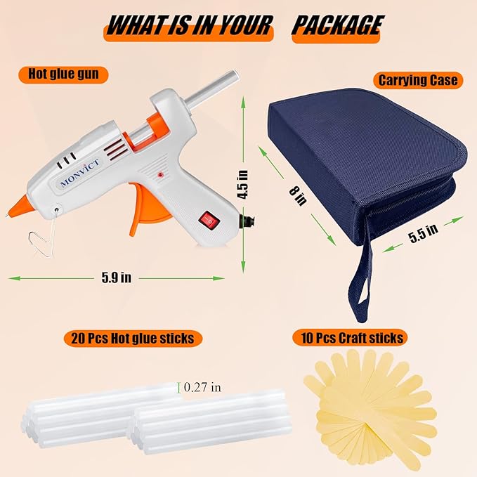 MONVICT Hot Glue Gun Kit, Mini Glue Gun with Carrying Case,20 Pcs Premium Glue Sticks, 10 Pcs Wood Craft sticks, Fast Preheating Hot Melt Glue Gun for School Crafts DIY Arts Gift (White, 30Watts)