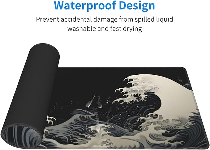 Stylish Japanese Ukiyo-e Style White and Black Ocean Wave Art Print Themed Mouse Pad 31.5 x 12 Inch, Anti-Slip Rubber Base, Ideal for Computer, Laptop, Office & Home Use