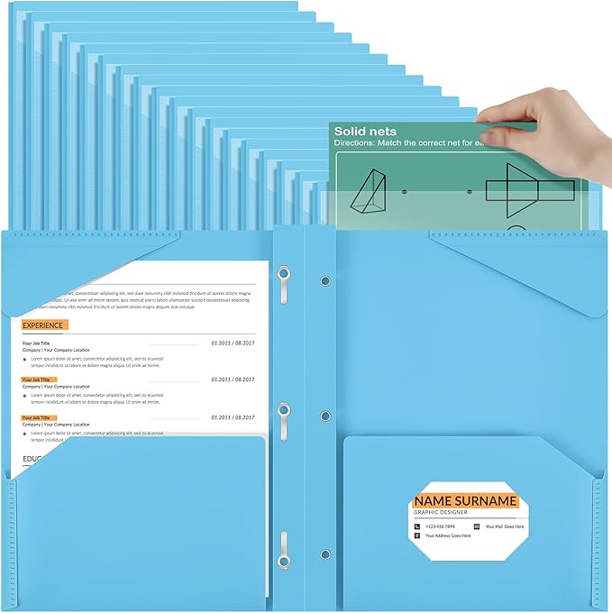 Henoyso 48 Pcs Plastic Folder with Clear Front Pocket and 3 Prongs Heavy Duty Plastic Folders with Card Slot Pocket Folders with Prongs for School Office Home(Light Blue)