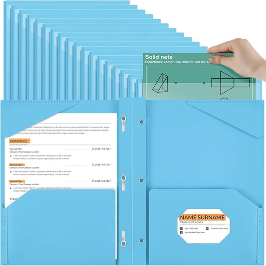 Henoyso 48 Pcs Plastic Folder with Clear Front Pocket and 3 Prongs Heavy Duty Plastic Folders with Card Slot Pocket Folders with Prongs for School Office Home(Light Blue)
