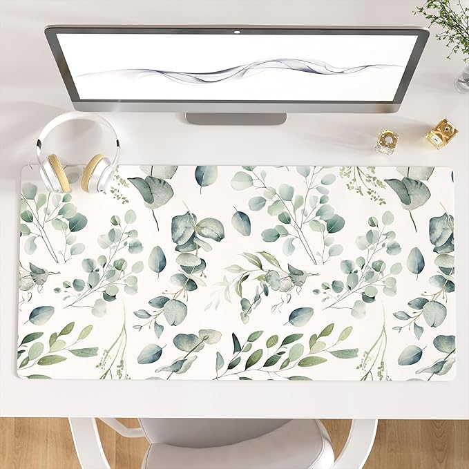 Colorful Star Large Mouse Pad, PU Leather Waterproof Desk Mat, Computer Gaming Mouse Pad, XXL Full Table Mousepad Non Slip Desk Pad for School Office Home 31.5" x 15.7" - Fresh Eucalyptus Leaves