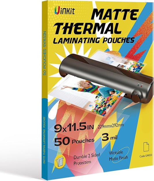 Uinkit Matte Thermal Laminating Pouches, 9 x 11.5 Inches 3 Mil Thick Clear Anti-Glare with Matte Finish 50 Pack Fitted for Letter Size Laminating Sheets 8.5 x 11