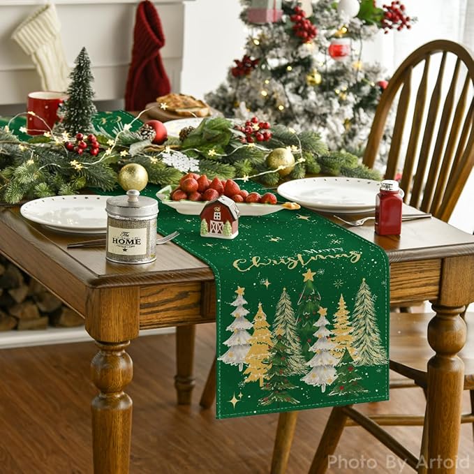 Artoid Mode Xmas Trees Merry Christmas Table Runner, Seasonal Winter Green Kitchen Dining Table Decoration for Home Party Decor 13x72 Inch
