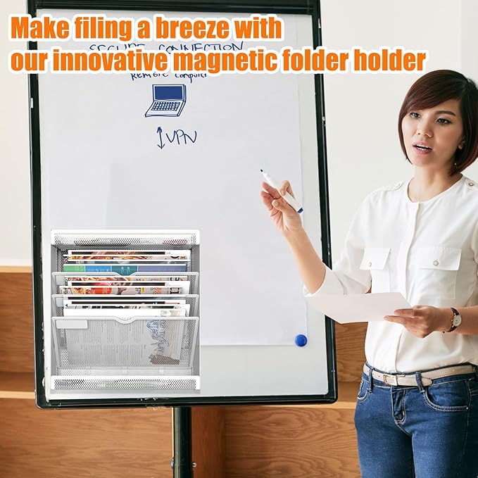 5 Tier Magnetic File Holder, No Drilling Wall File Organizer, Magazine Paper Mail Document Holder/Magnetic Hanging File Organizer for File Cabinets,Whiteboard refrigerator,Office,Classroom (White)