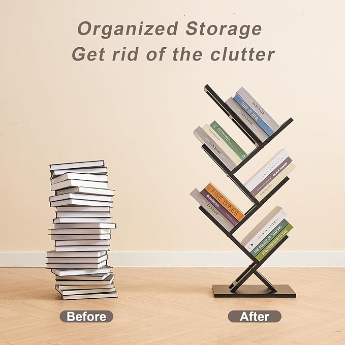 5 Tier Tree Bookshelf, Floor Standing Bookshelf for Narrow Space,Storage Organizer Bookshelves for Books/CDs/Magazine, Bookcase with Shelves for Home Office, Living Room-Black