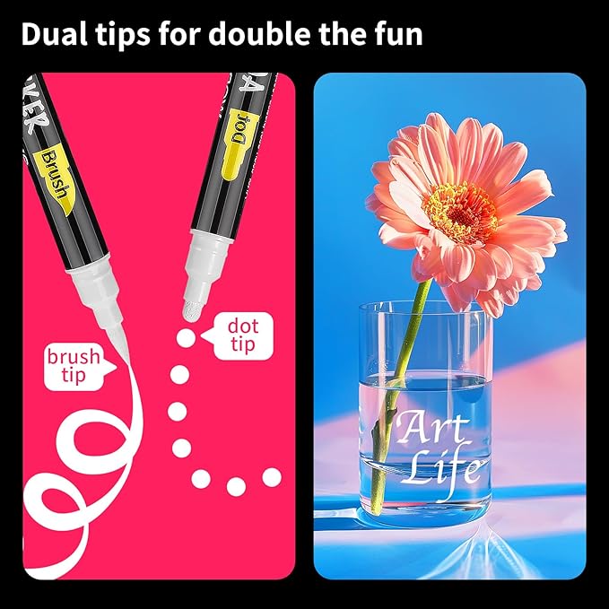 NAWOD 3 White Acrylic Paint Pens, Acrylic Paint Markers Dual Tip (Dot Tip + Brush Tip), Acrylic Permanent Markers for Rock, Fabric, Canvas, Ceramic, Glass, Wood, Paper, Labeling, Drawing, DIY Crafts