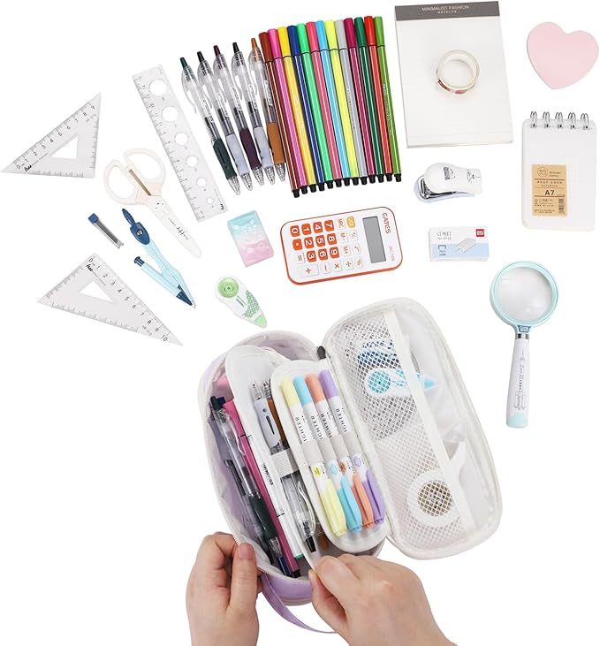 Large Pencil Case Zipper Pencil Pouch for Girls Adults Kids Aesthetic Pencil Bag Organizer Big Capacity Pen Bag with Handle Portable for School Office Purple