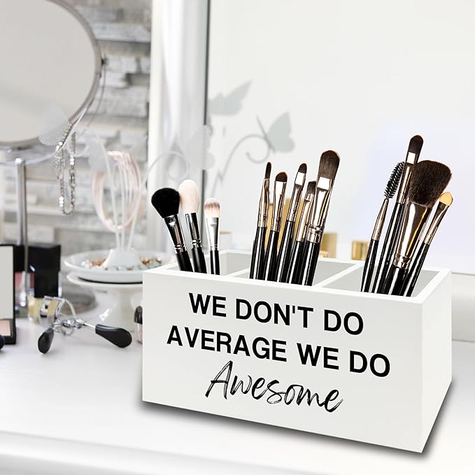 Inspirational Pen Pencil Holder Organizer for Desk, Inspirational Gifts for Women, We Don't Do Average We Do Awesome Motivational Wooden Box Sign for Home Office Desk Tabletop Decorations