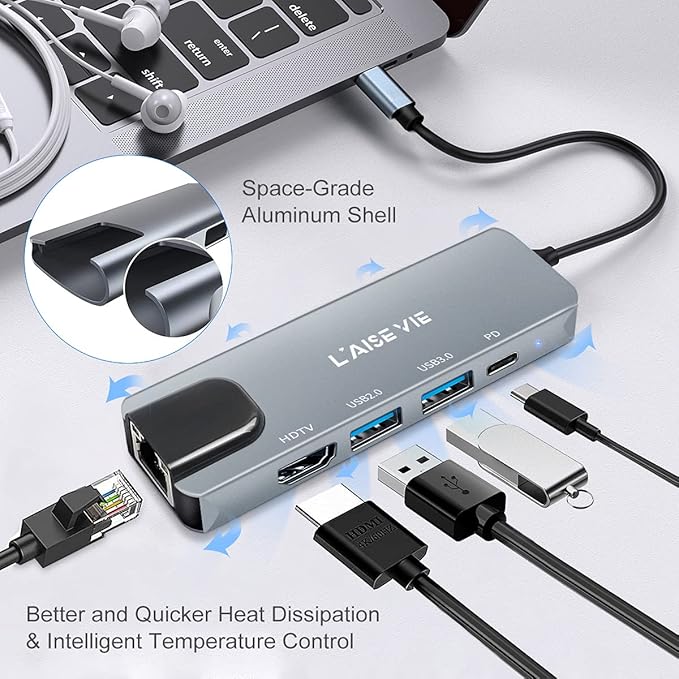 USB C Hub, 5 in 1 USB C 4K@32Hz HDMI Adapter with Ethernet Port, 100W Power Delivery PD Type C Charging Port, USB 3.0& 2.0 Adapter Compatible for MacBook Pro, Chromebook, XPS, and Devices