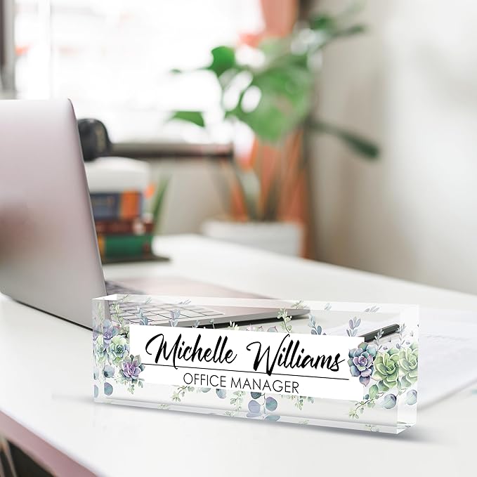 Personalized Name Plate for Desk, Custom Desk Name Plate, Acrylic Name Plate Office Desk Accessories, Personalized Office Gifts for Coworkers Teachers, Employee Appreciation Gifts (A-Never Wither)