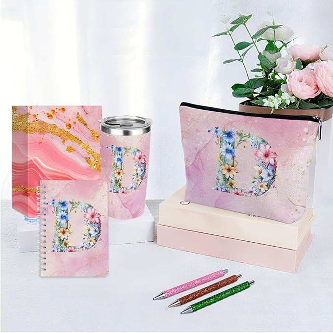 Personalized Gifts Monogrammed Birthday Gifts for Women, Boss Teacher Appreciation Christmas Initial 20 oz Tumbler, Makeup Bag Cup Ballpoint Pens Journal Notebook 6 Set, (Aesthetic Pink Flower D)
