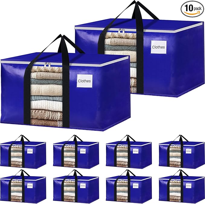 BlissTotes 10 Pack Moving Bags with Clear Window, Storage Bags with Strong Carrying Handles & Zippers,Large Packing Bags for Saving Space, Alternative to Moving Boxes(Blue,24 Gallon)