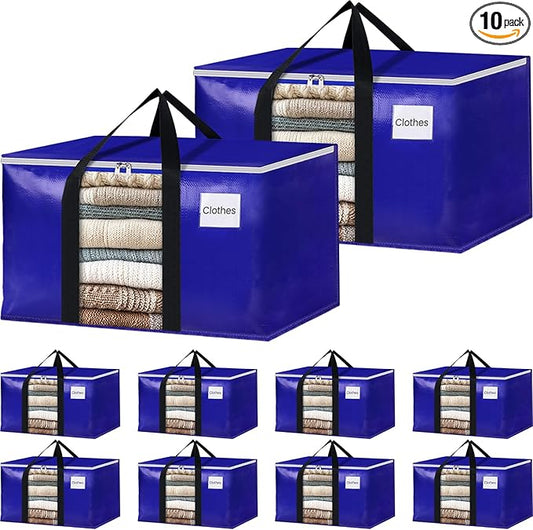 BlissTotes 10 Pack Moving Bags with Clear Window, Storage Bags with Strong Carrying Handles & Zippers,Large Packing Bags for Saving Space, Alternative to Moving Boxes(Blue,24 Gallon)