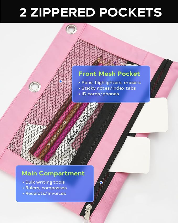 3 Ring Binder Pencil Pouch - School Pencil Case with 2 Zippered Pockets, Clear Mesh Window Pencil Bag, B5 Size, Back to School Gifts (Pink)