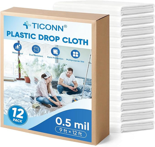 TICONN 12 x 9 Ft Plastic Drop Cloth for Painting, Waterproof Painters Plastic Sheeting, Painting Tarp for Furniture Cover, Floor Protection (12PK, 0.5Mil)
