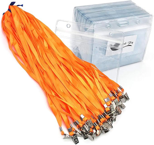 Bird Fiy Lanyards with id Holder Name Badges 50 Pcs Waterproof Plastic Horizontal Name Tag Badge Id Card and 50 Pcs Lanyard (Orange)