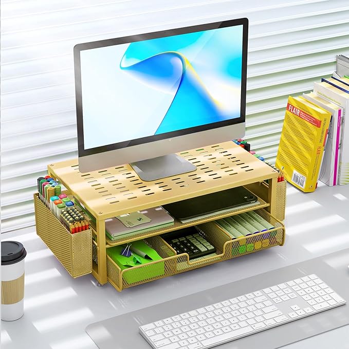 gianotter Desk Organizers and Accessories, Monitor Stand with Drawer and 2 Pen Holder, Desktop Organizer Suitable for Offices and Dormitories (Gold)