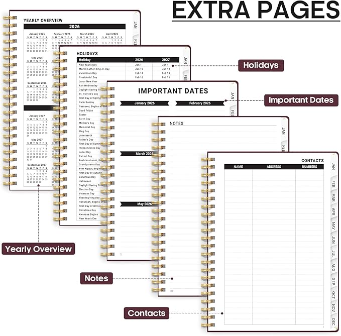 2026 Planner, Weekly and Monthly Calendar Planner, January 2026 - December 2026, Hardcover 2026 Calendar Planner Book with Tabs For Women & Men, Inner Pocket, Spiral Bound, Perfect for Office Home School Supplies - A4 (8.5" x 11"), Burgundy