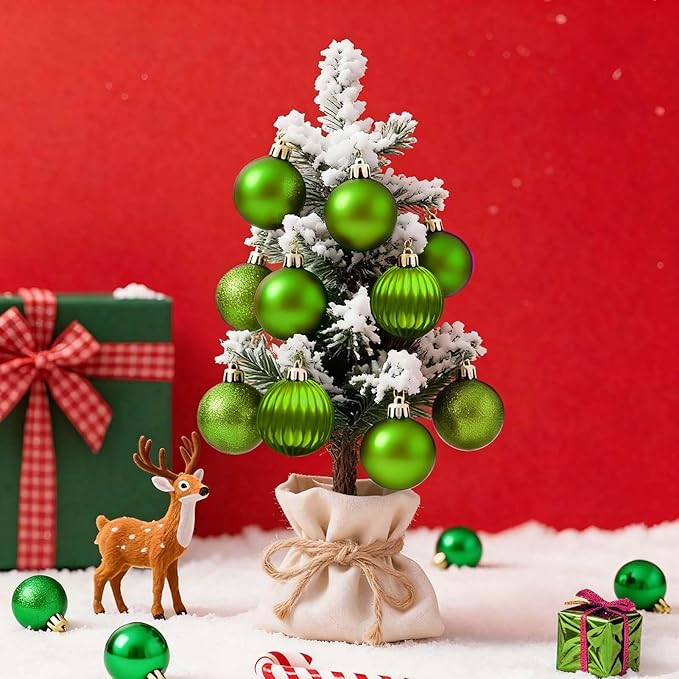 Set of 24 Small Green Christmas Ornaments Balls for Christmas Tree, 1.2 inch Mini Green Ornaments for Mini Tree, Tiny Plastic Shatterproof Hanging Bulbs Xmas Valentine Party Indoor Outdoor Decorations