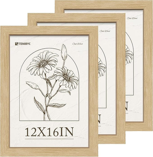 12x16 Oak Picture Frame 3 Pack, Natural Wood Grain, HD Tempered Glass, Wall Hanging