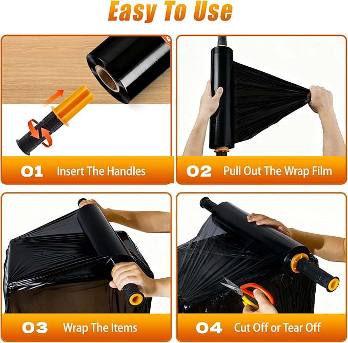 BETU Plastic Wrap Stretch Film for Moving Supplies 15inch X 1000ft, Shrink Wrap Stretch Roll Industrial for Furniture Wrapping Shipping Pallet Moving Boxes Storage with Handles, 4 Pack, Black