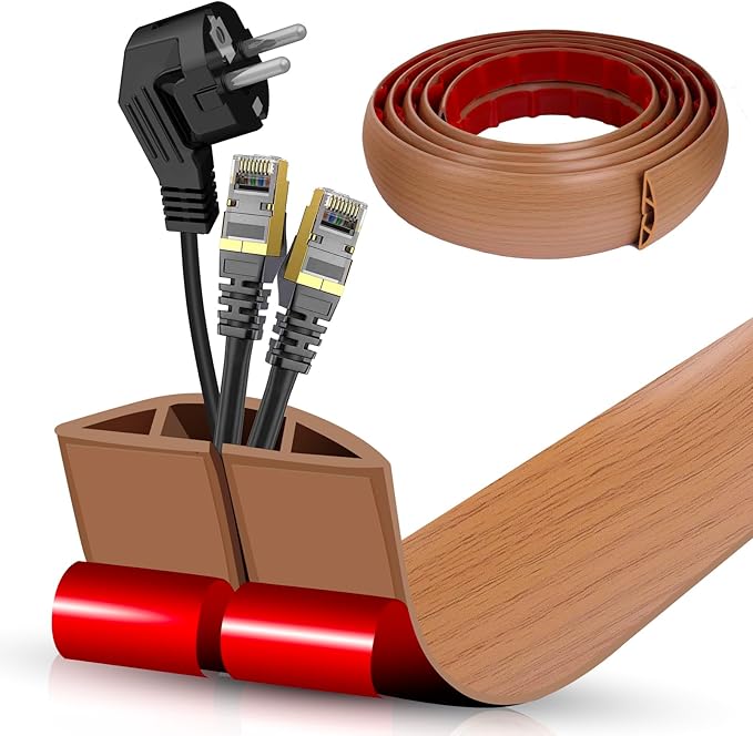 Floor Cord Cover Cavity 0.8"x0.37" Self Adhesive Cord Hider, 10FT Low Profile Cable Management, Extension Strip Protector for Wires, Prevent Cable Trips for Offices, Gyms, Exhibitions (Brown Wood)