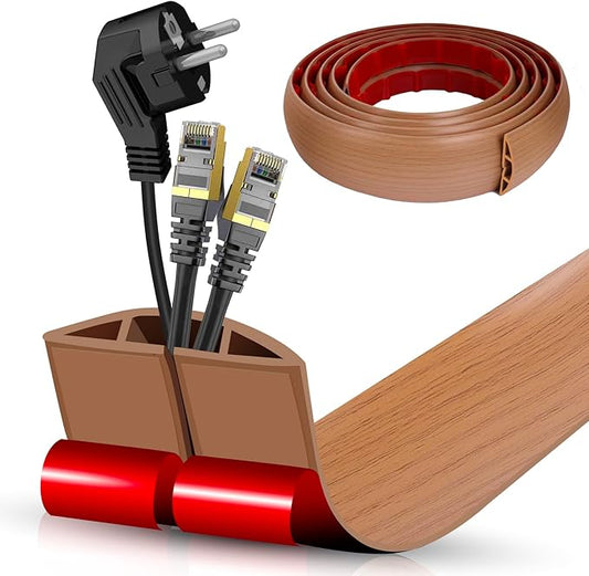 Floor Cord Cover Cavity 0.8"x0.37" Self Adhesive Cord Hider, 10FT Low Profile Cable Management, Extension Strip Protector for Wires, Prevent Cable Trips for Offices, Gyms, Exhibitions (Brown Wood)